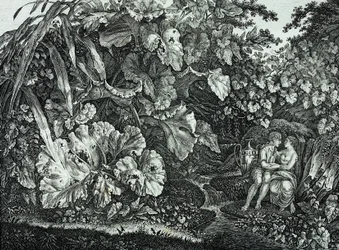 Amoureux dans une grotte, entourés de plantes et d